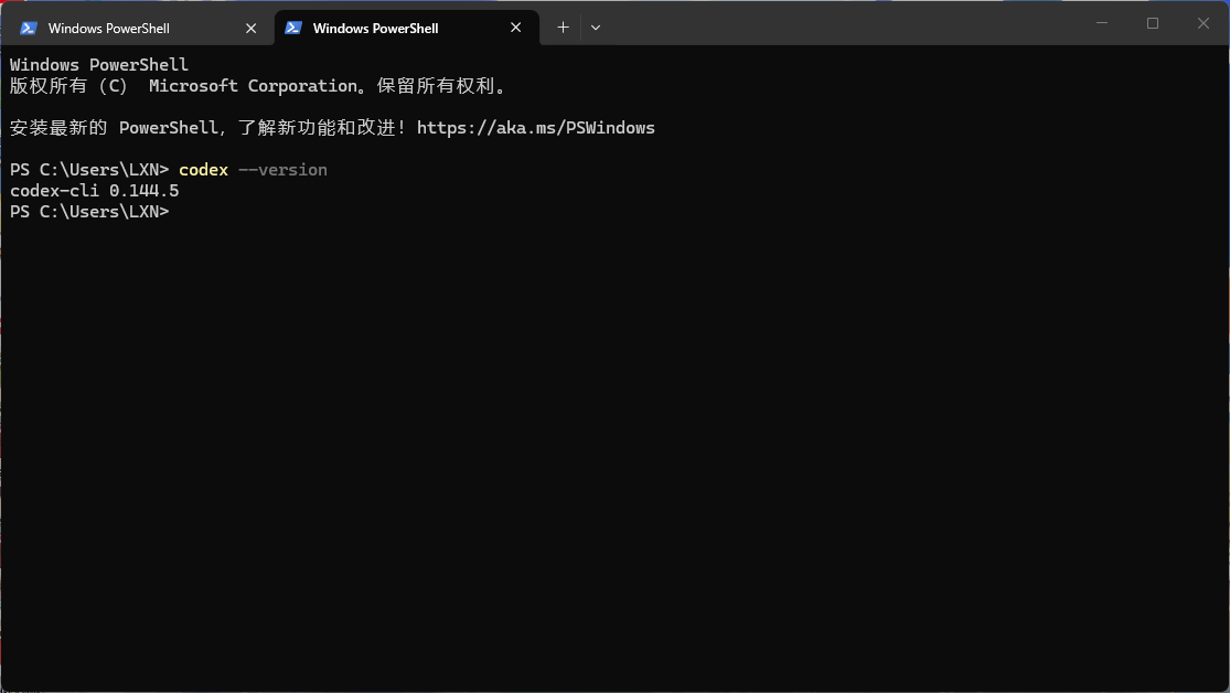 PowerShell 中成功显示 Codex CLI 版本号